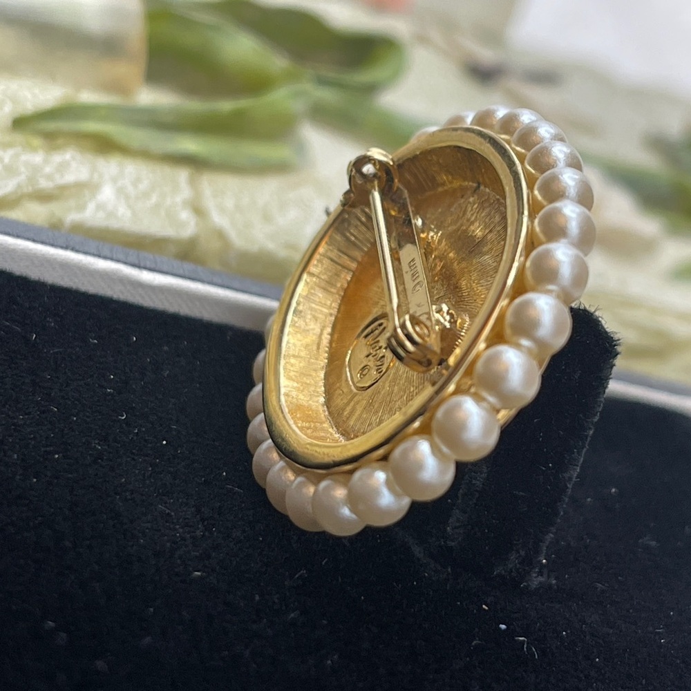 Vintage Napier Rose Quartz Faux Pearl Gold Tone Oval Brooch Tea Rose - Picture 10 of 14